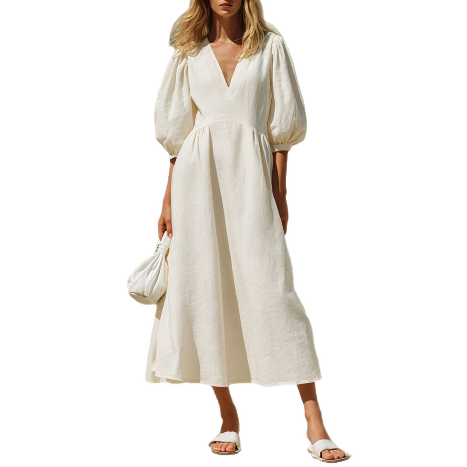 Womens V-neck Puff-sleeve Waist-cinching Slimming Dress