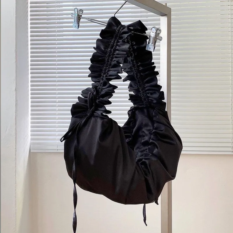 Underarm Satin Versatile Casual Pleated Lace Drawstring Design Large Capacity Shoulder Messenger Bag - Black