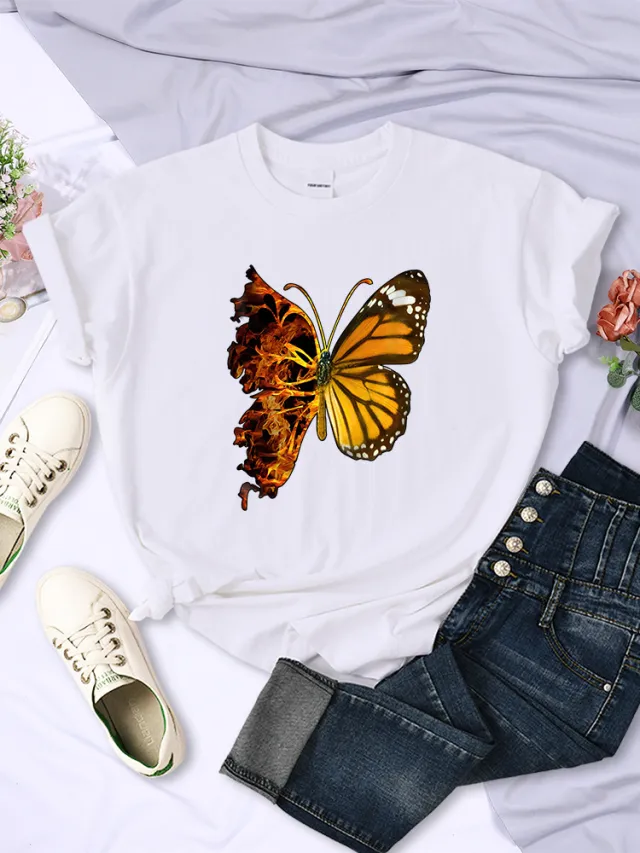 Butterfly Wings Pattern Fashion Short Sleeve Women White - Shop at LoveMi