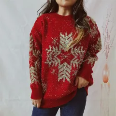 Women's Fashion Loose Gold Line Large Snowflake Christmas Sweater - Red - View 1