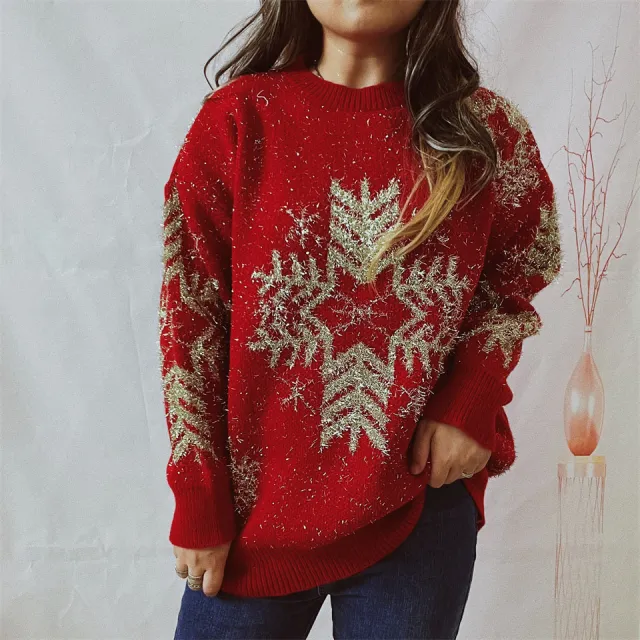 Women's Fashion Loose Gold Line Large Snowflake Christmas Sweater Red - Shop at LoveMi