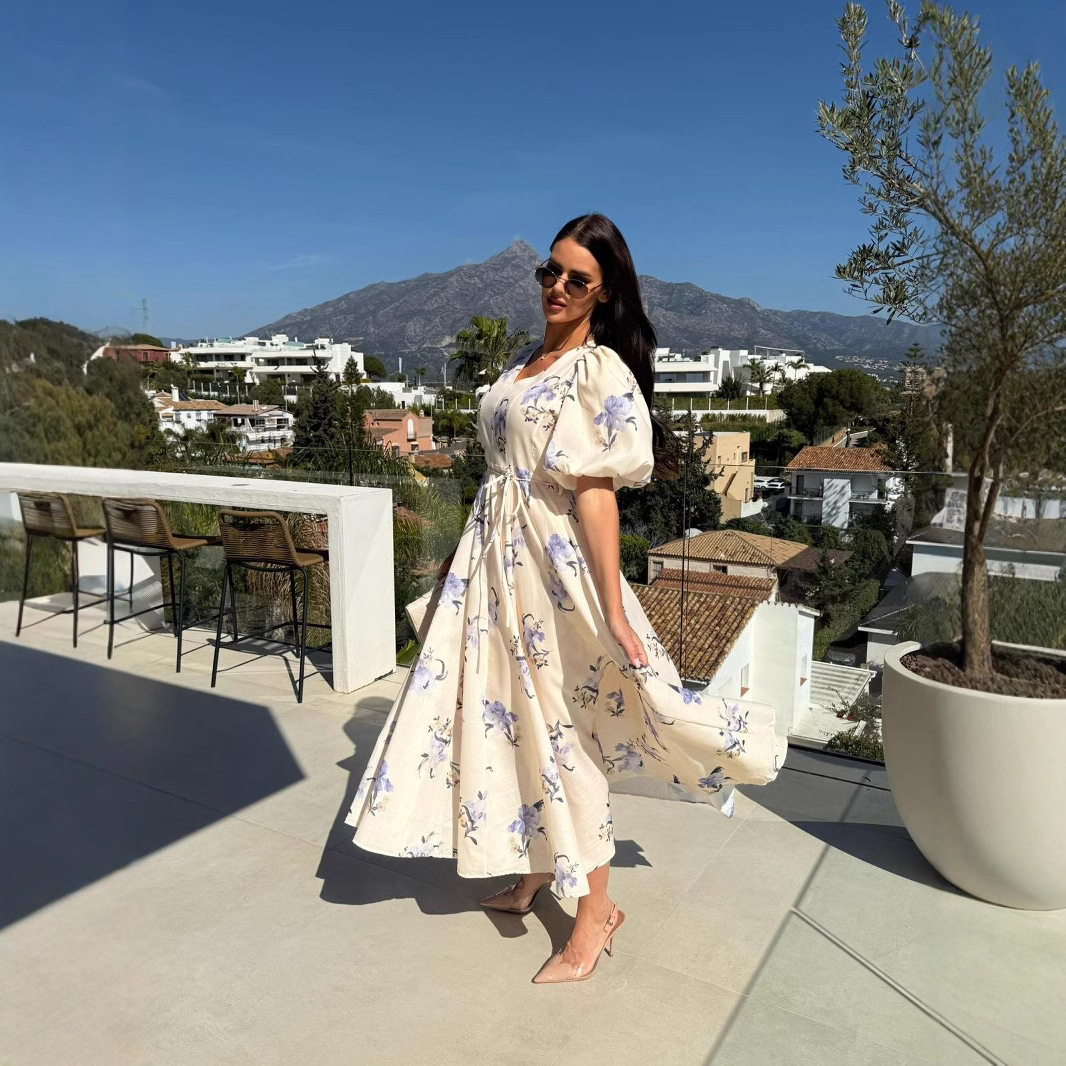 New V-neck Puff Sleeve Printed Lace-up Large Swing Dress