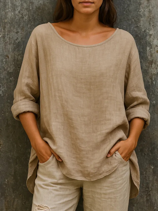 Casual Loose fit Fashionable Cotton linen Retro Crew neck Plus size T shirt Khaki - Shop at LoveMi