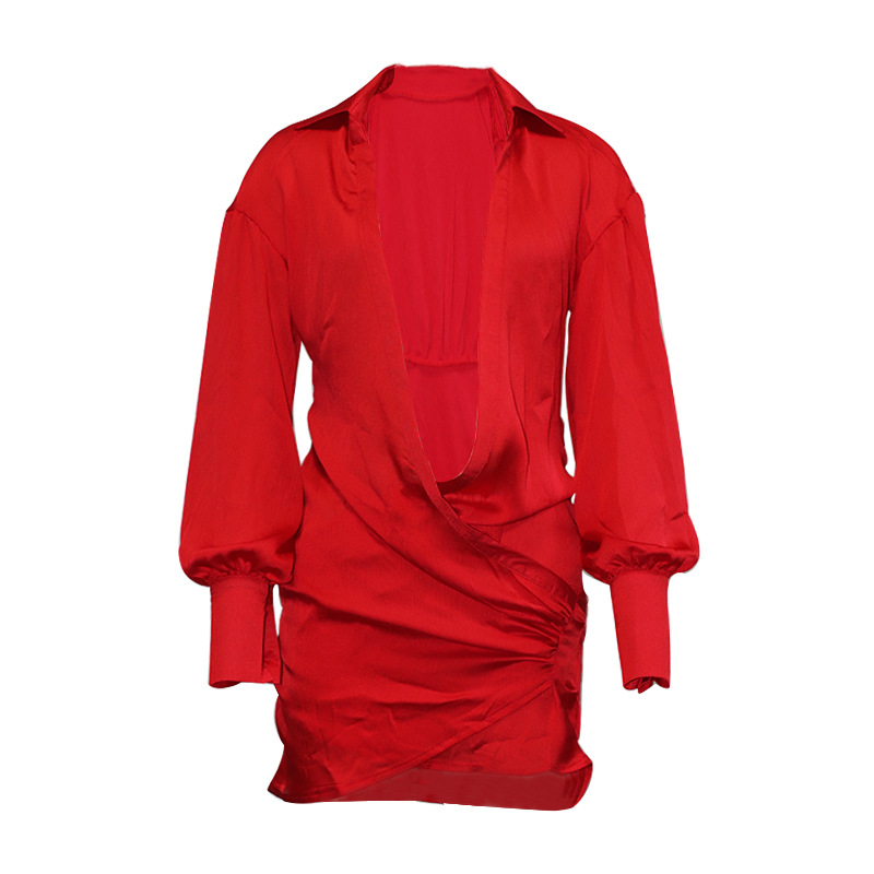 Deep V-neck Solid Color Long Sleeve Narrow Dress