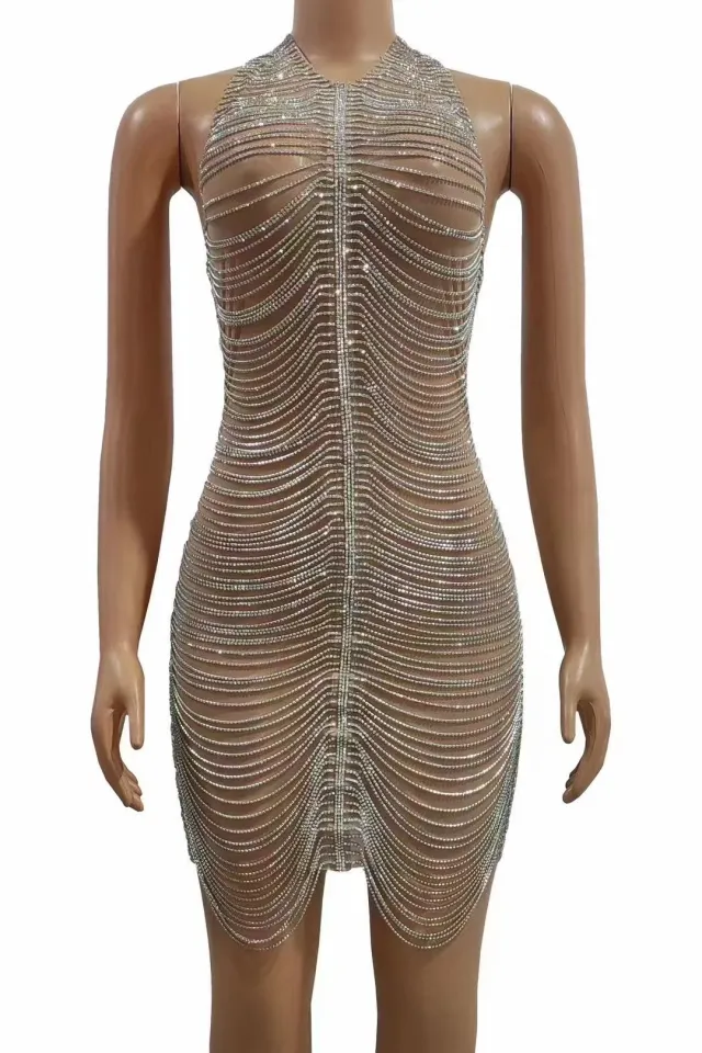 Women's Nightclub Model Dance Party Chain Shiny Hip Bag Backless Skirt Cream - Shop at LoveMi
