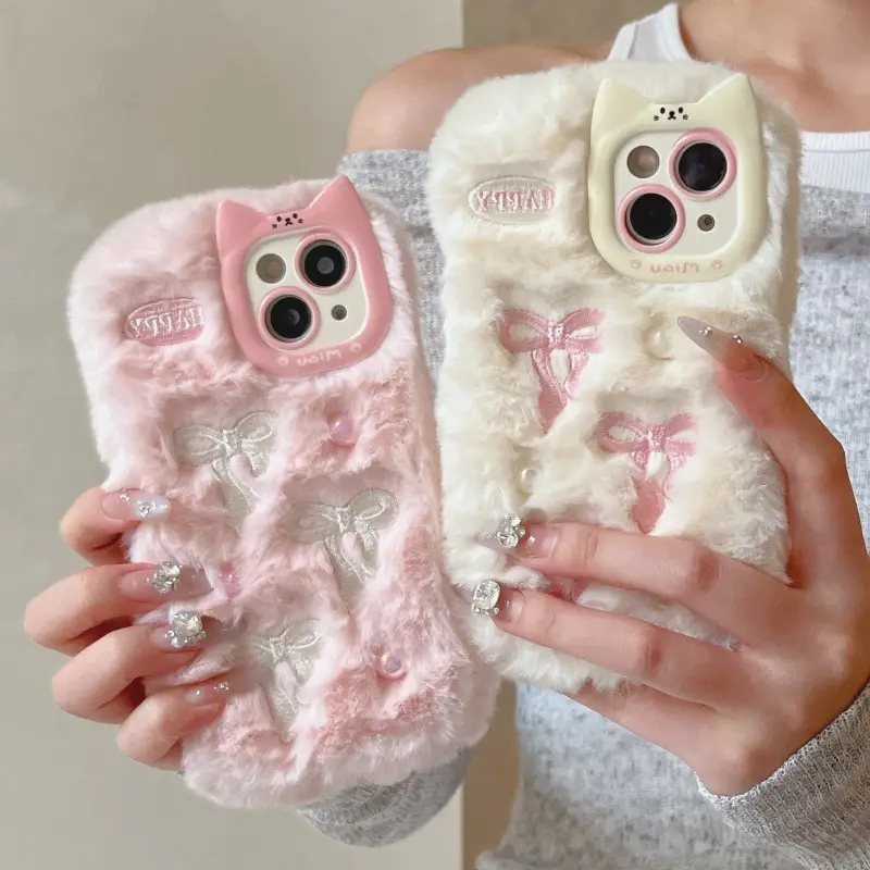 Autumn And Winter Plush Bow Pearl Phone Case