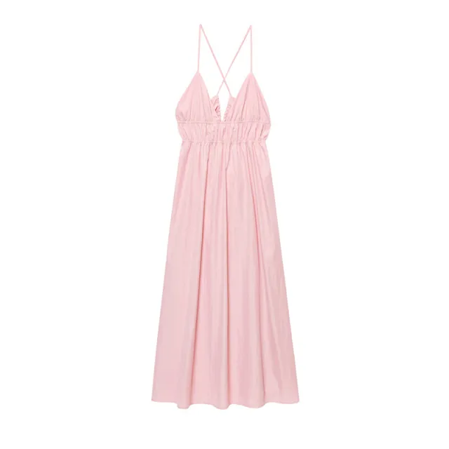 Women's SpringSummer Backless V neck Strap Dress Pink - Shop at LoveMi