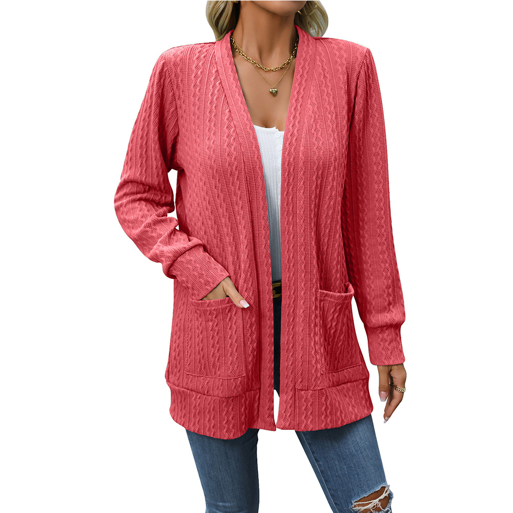 Solid Color Loose Shawl Mid length Cable knit Sweater Cardigan Watermelon Red - Shop at LoveMi