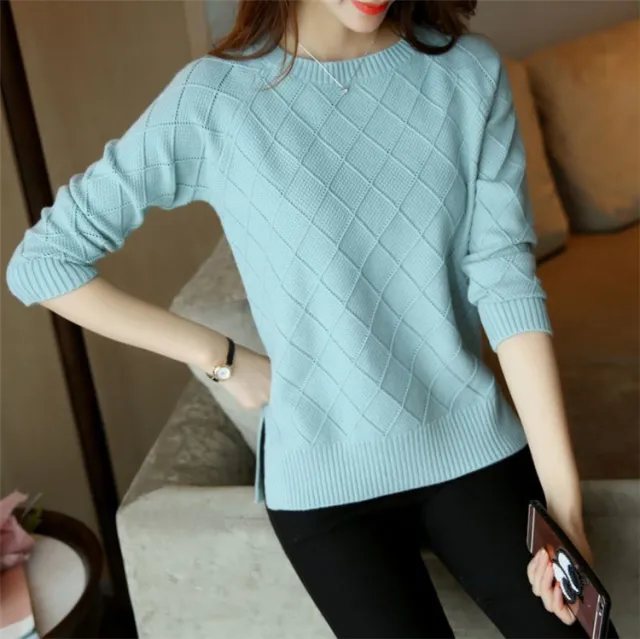 Fashion Loose Sweater Women's Round Neck Pullover Solid Color Long Sleeve Women Blue - Shop at LoveMi