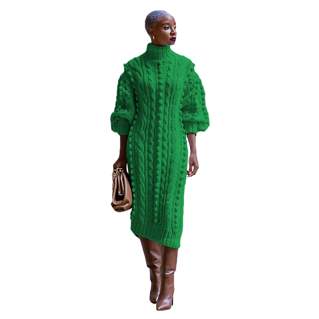 Women's Clothing Casual Turtleneck Slit Knitted Long Dress - Green