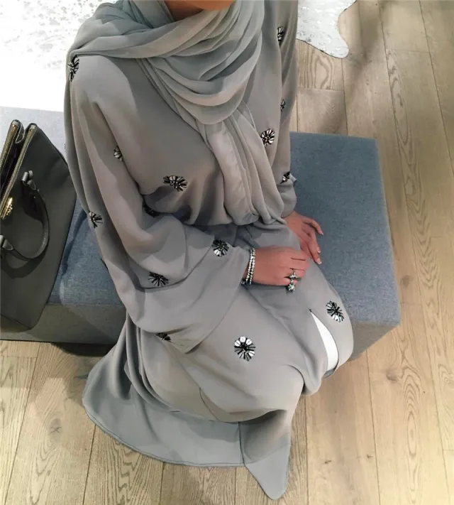 Women's Simple Embroidered Cardigan Robe Dress Headscarf Gray Headscarf - Shop at LoveMi