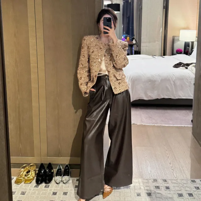 Gold Sequined Coat Tweed Padded Top Picture Color With Cotton - Shop at LoveMi