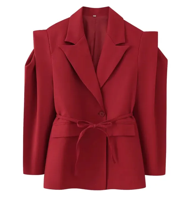 Women's Waist controlled Lace up Padded Shoulder Blazer Red - Shop at LoveMi