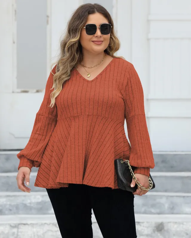 Doll Shirt V neck Hollow Striped Polar Fleece Lantern Sleeve Bottoming Shirt Brown - Shop at LoveMi