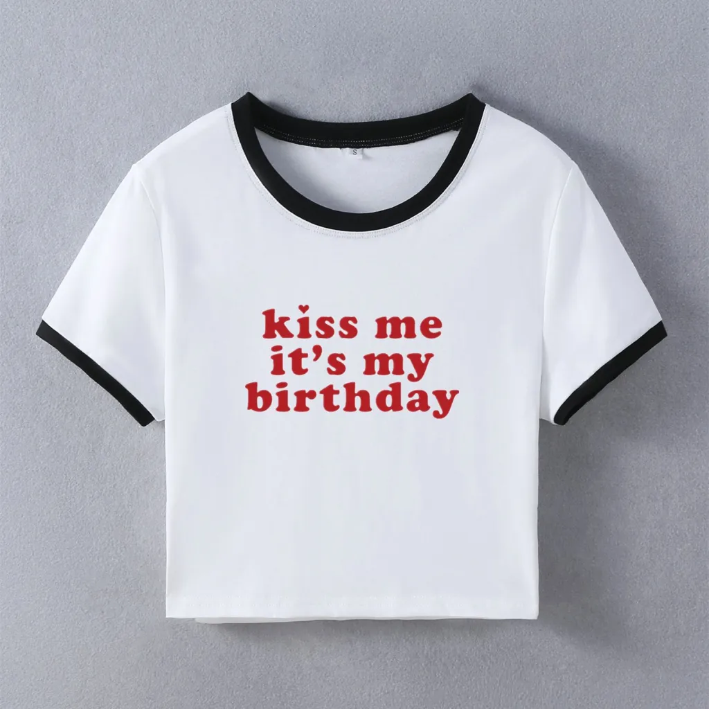 Kiss Me It's My Birthday Letter Print Short-sleeve Slim Fit Short - Color-S