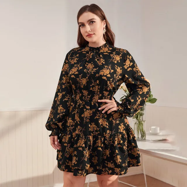 Turtleneck Puff Sleeve Ruffled Floral Dress Yellow On Black Background - Shop at LoveMi