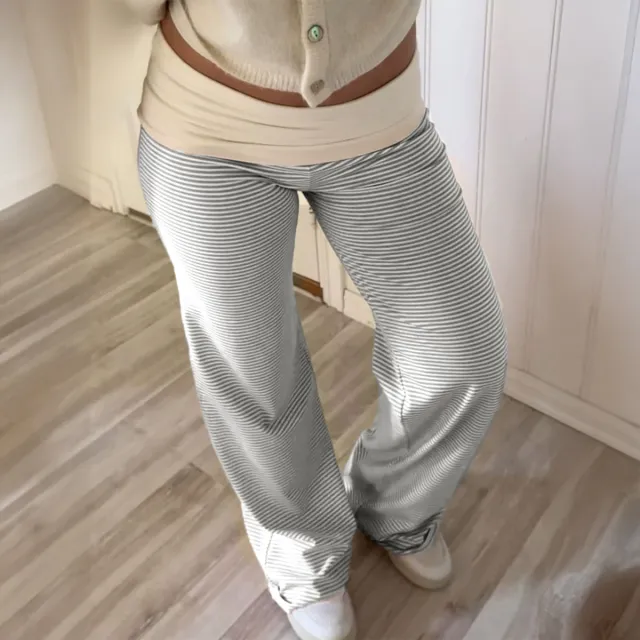 European And American style Casual Resort Striped Belted Trousers For Women Gray - Shop at LoveMi