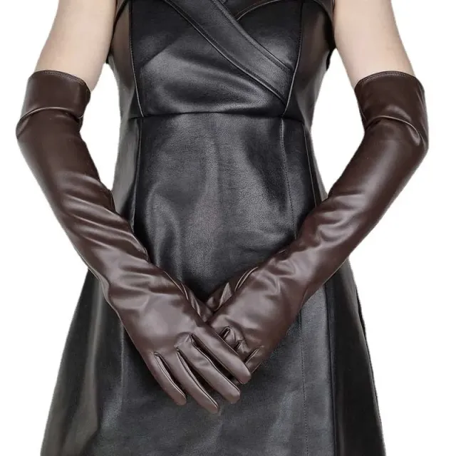 Faux Leather Long Fashion Women's Black Glossy Warm Gloves For Stage Performance Coffee - Shop at LoveMi