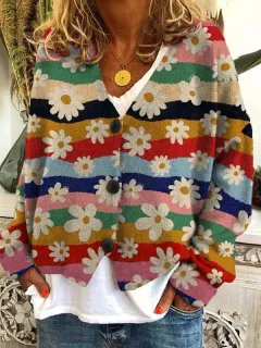 Christmas Abstract Printing Casual Cloak Coat Cardigan Sweater - Flower - View 1