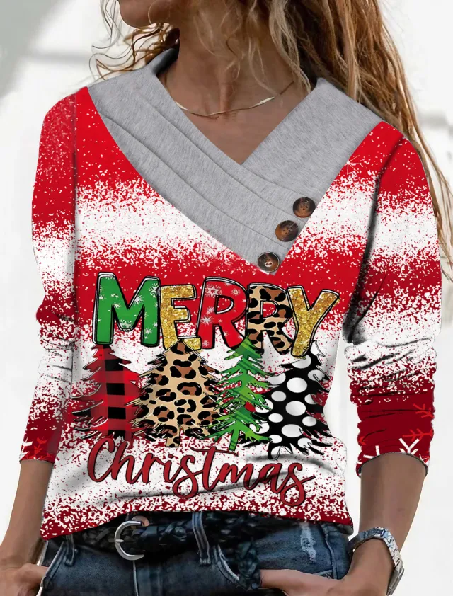 Women Scarf Collar T shirt With Long Sleeves Hoodie Button Top Christmas Printing - Shop at LoveMi