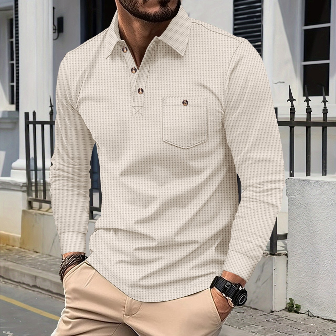 Solid-color Waffle-knit Lapel-pocket Button-down Casual Long-sleeve Shirt