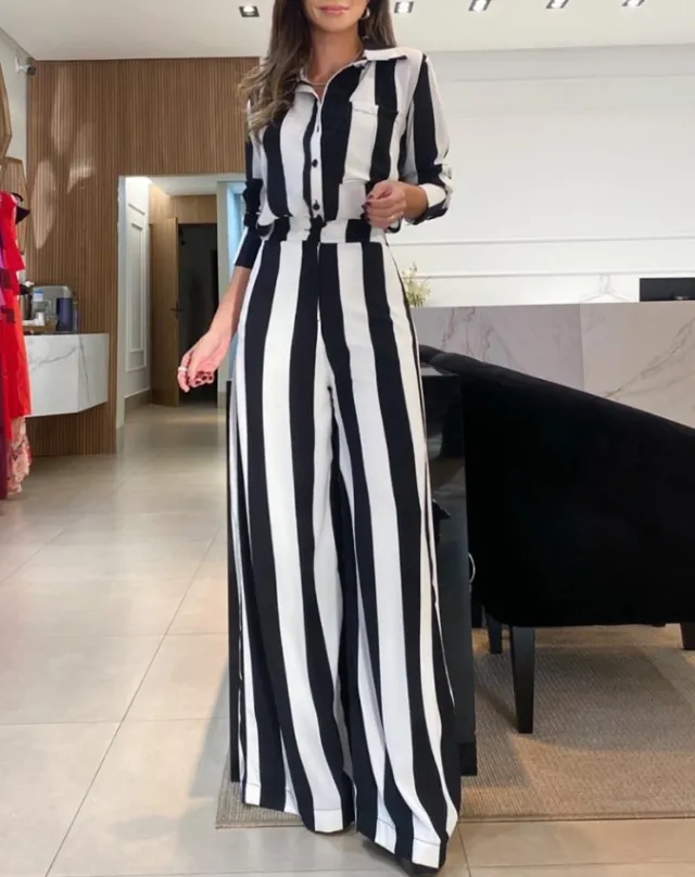 Casual Fashion Black And White Striped Button Pocket Design Shirt Wide Leg Pants Two piece Set Black And White Stripes - Shop at LoveMi