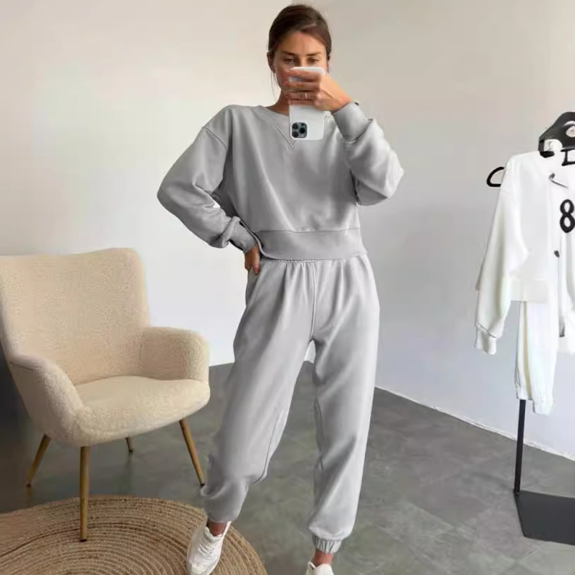 Womens Solid-color Fashionable Casual Long-sleeve Set