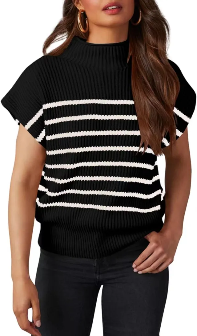 Women's Vest Sleeveless Turtleneck Slim Striped Black - Shop at LoveMi