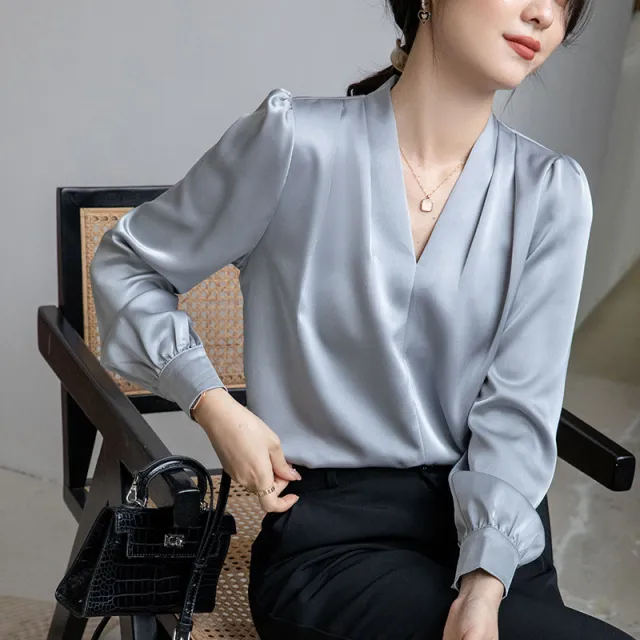 V neck Shirt Women's Design Acetate Satin Simple Graceful Top Blue - Shop at LoveMi