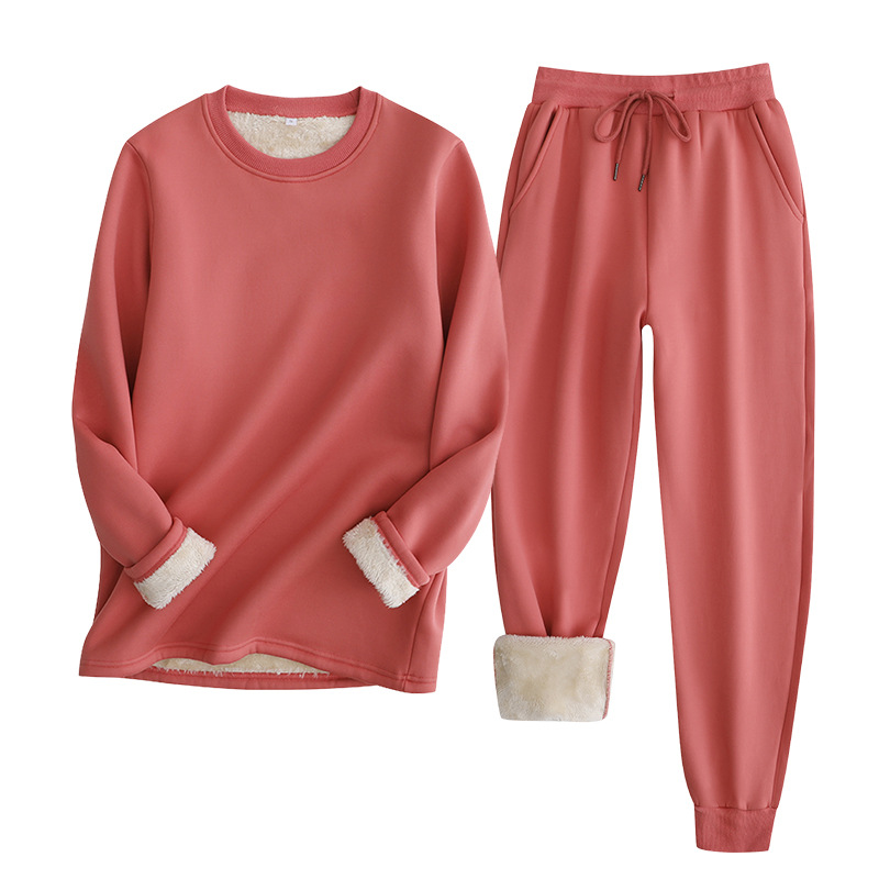 Sweatshirt And Sweatpants Suit European And American Lambswool Rose Red - Shop at LoveMi