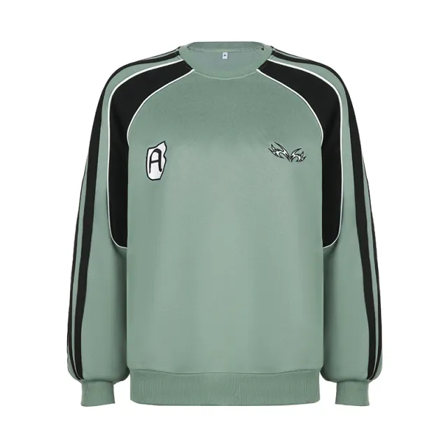 Contrast Color Braid Polyester Sweater Women's Round Neck Loose Slimming Green - Shop at LoveMi