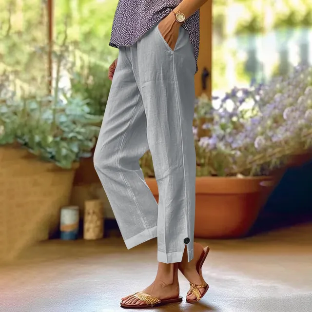 Cotton And Linen Loose Pure Color Elastic Waist Pocket Straight Casual Pants Light Gray - Shop at LoveMi