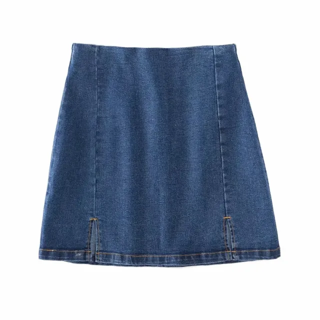 High Waist Stretch Double Slit Denim Hip wrapped Skirt Skirt Dark Blue - Shop at LoveMi