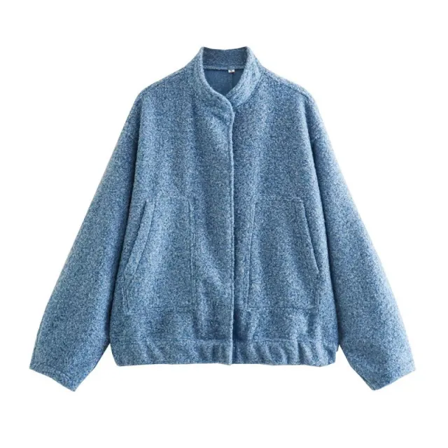 Women's Single breasted Stand Collar Large Pocket Loose Bomber Jacket Light Blue - Shop at LoveMi
