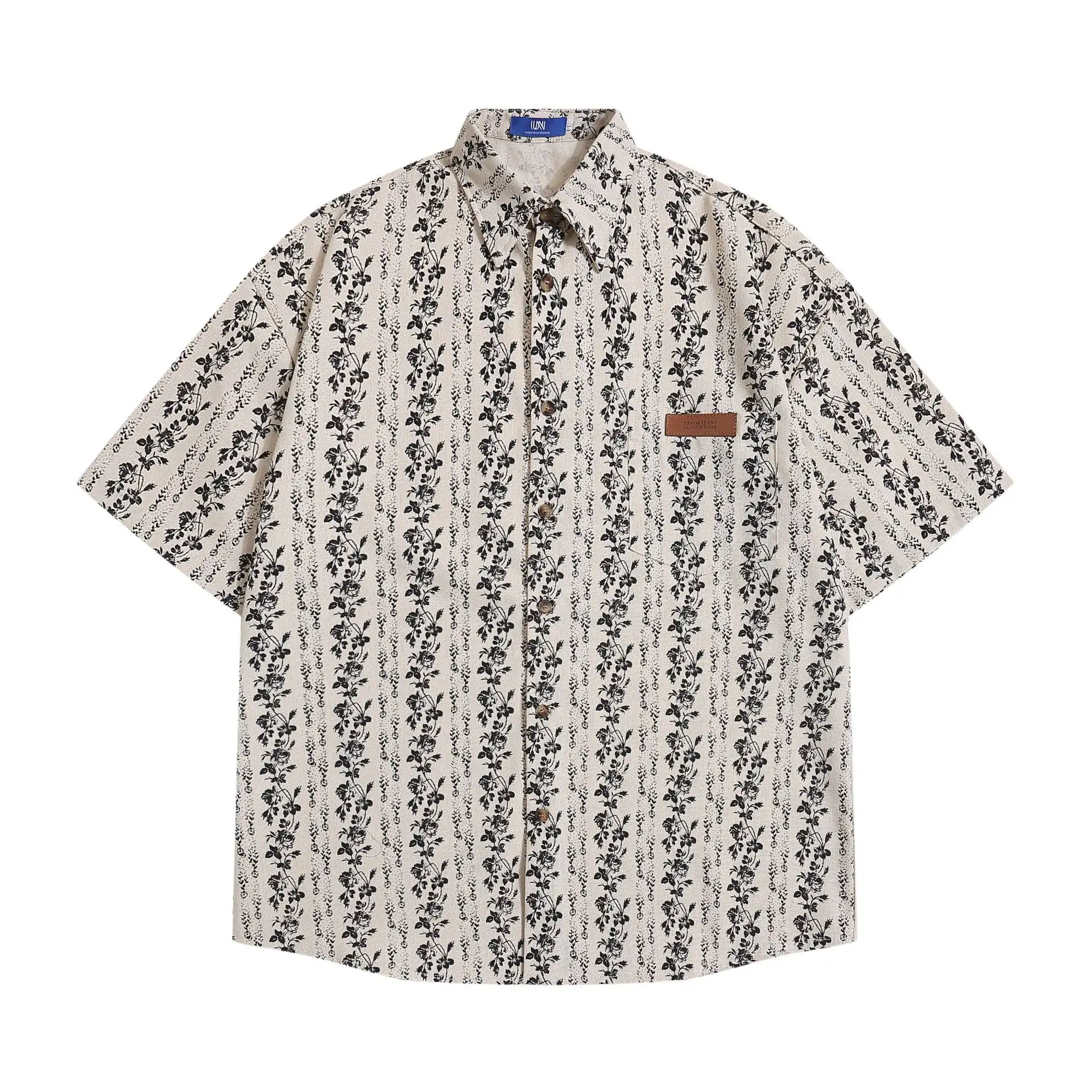 Vertical Stripes Small Floral Loose Short Sleeve Shirt