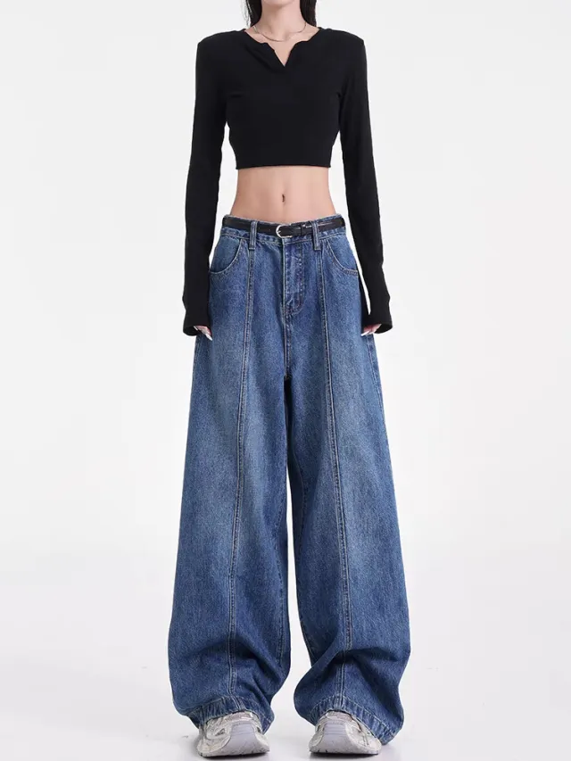 Women's Wide leg Jeans Loose High Waist 1365 Dark Blue - Shop at LoveMi