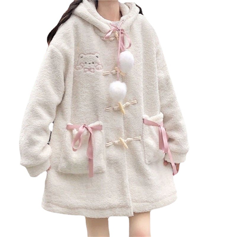 Preppy Style Lovely Soft Cute Cartoon Print Hooded Loose Sweater Schoolgirls' Coat Top