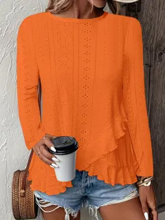 Casual Solid Color Long Sleeve Round Neck - Orange - View 1