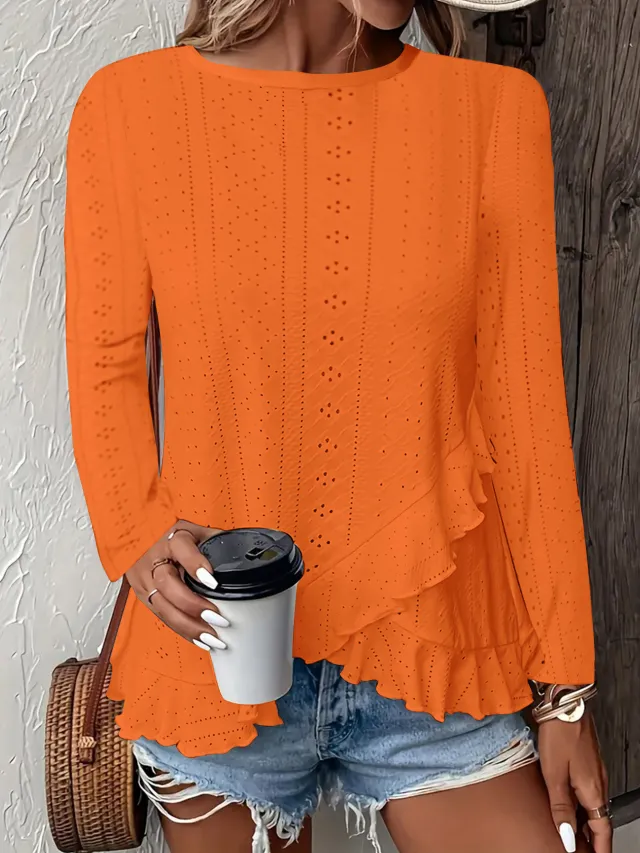 Casual Solid Color Long Sleeve Round Neck Orange - Shop at LoveMi