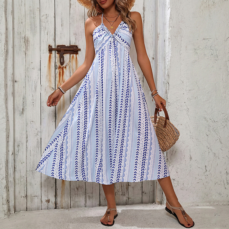 Casual Striped Printed Halter Dress