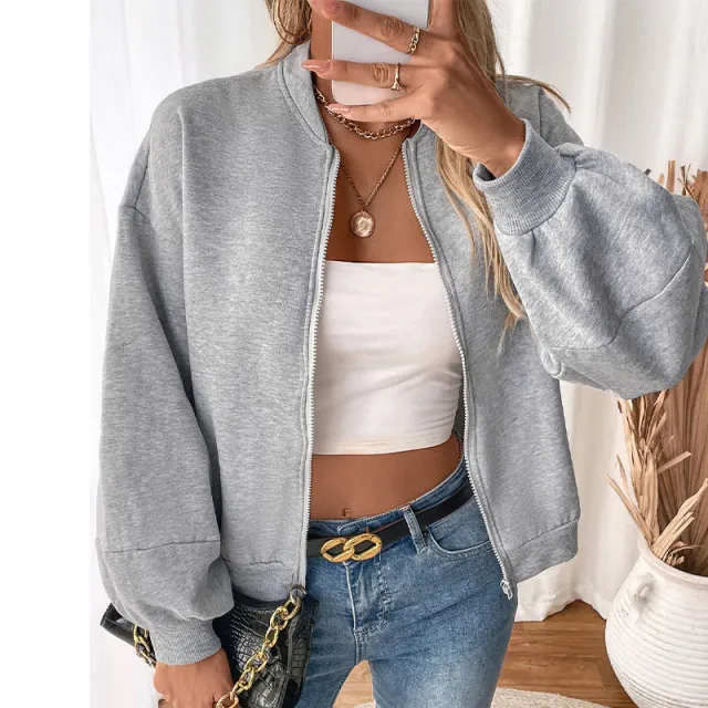 Women's Short Cardigan Solid Color Hoodie Coat Light Gray - Shop at LoveMi
