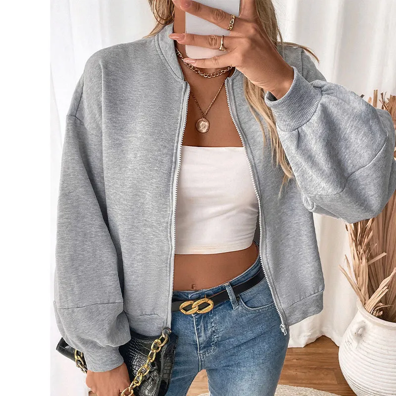 Women's Short Cardigan Solid Color Hoodie Coat - Light Gray