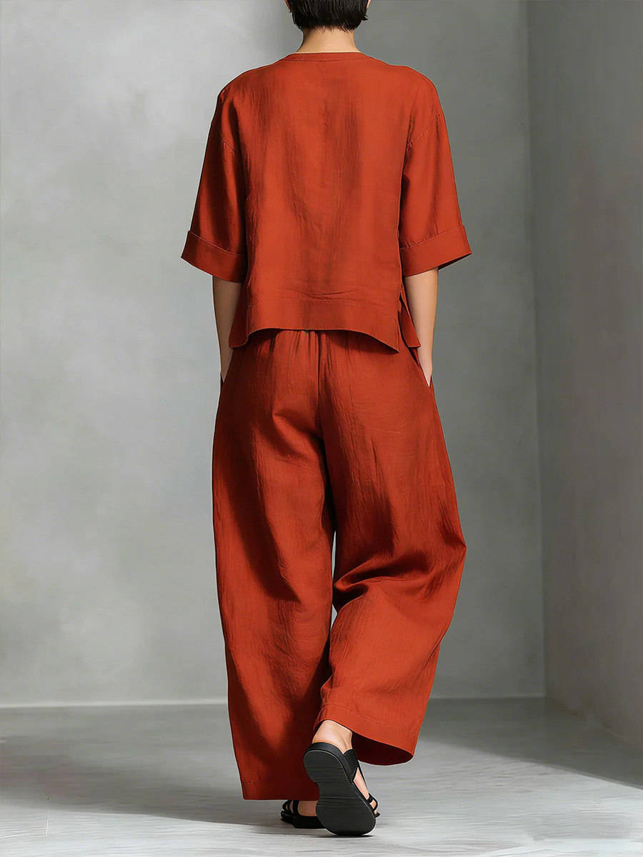 Green three-quarter sleeve shirt and loose trousers two-piece set – solid color casual women's style