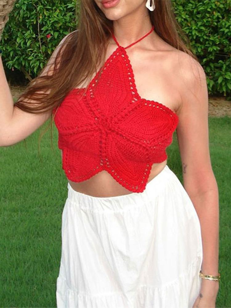 Halter Lace-up Flower Top Sweet And Spicy Young