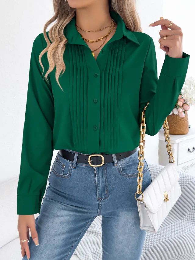 Pleated Solid color Button up Long sleeve Business Shirt Green - Shop at LoveMi