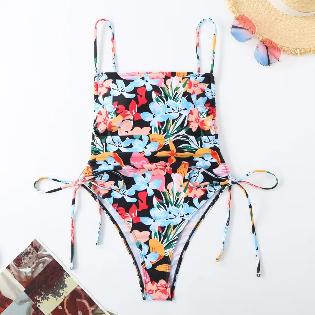 Vacation Style Drawstring Slimming Sexy One Piece Swimsuit Floral 8 - Shop at LoveMi