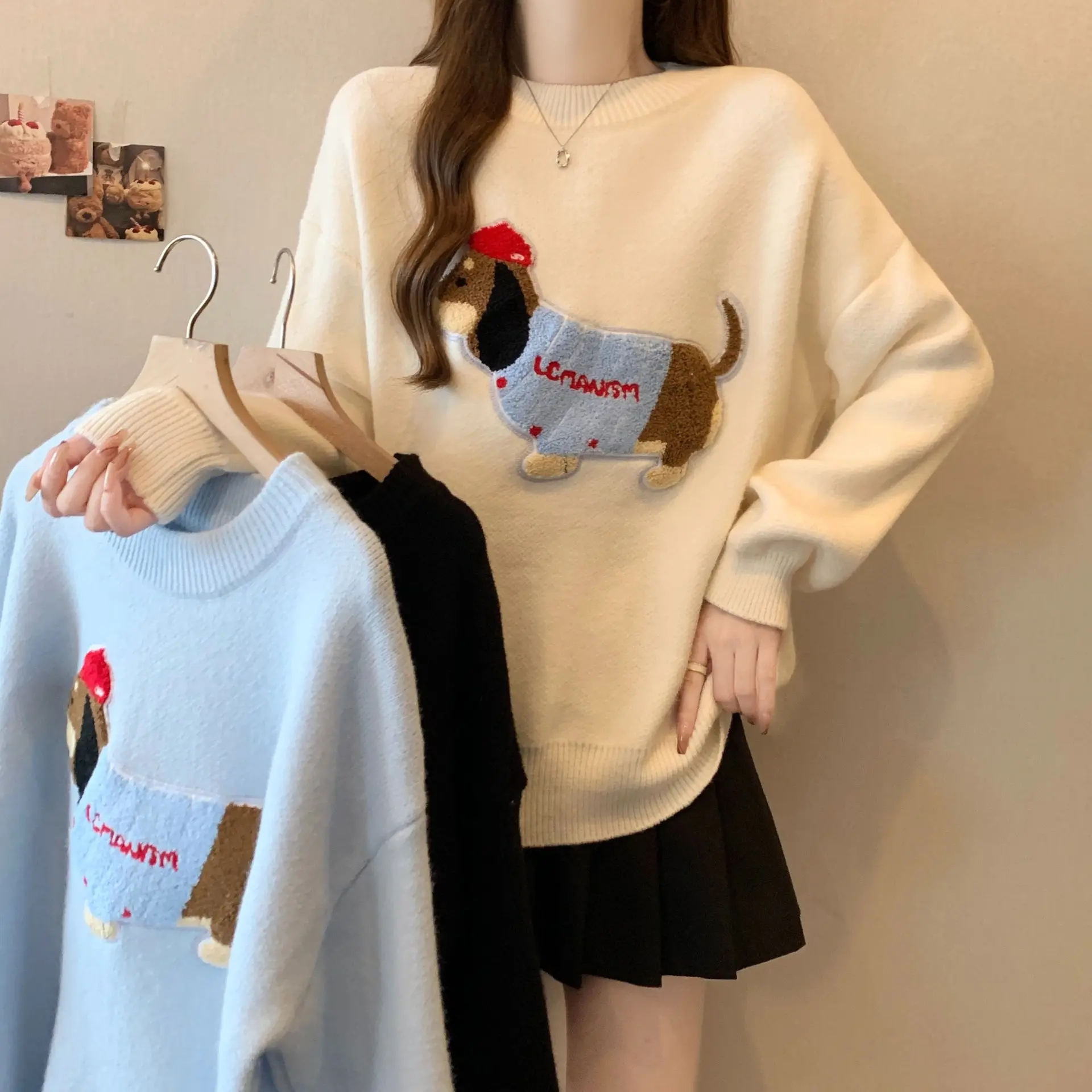 Crew-neck Cute Dog-embroidered Pullover Sweater