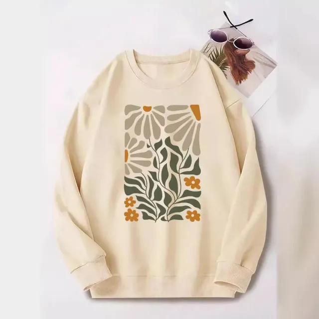 Flowers And Plants Round Neck Long Sleeve Sweater For Women Apricot - Shop at LoveMi