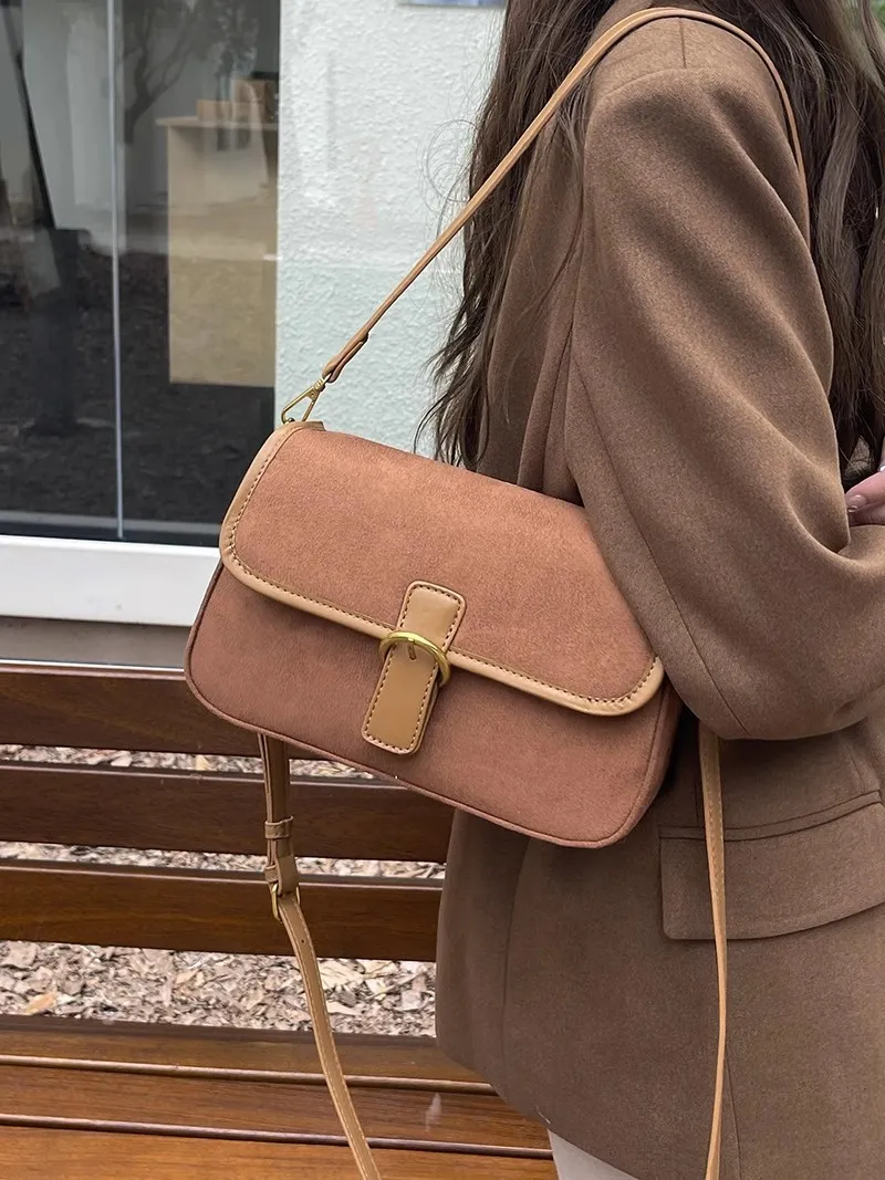 Special-interest Design Vintage Matte Suede Underarm Bag - Brown