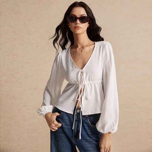 Women's Simple And Elegant Style T shirt Autumn And Winter Tie Fashion Versatile Long sleeve Cardigan Top White - Shop at LoveMi